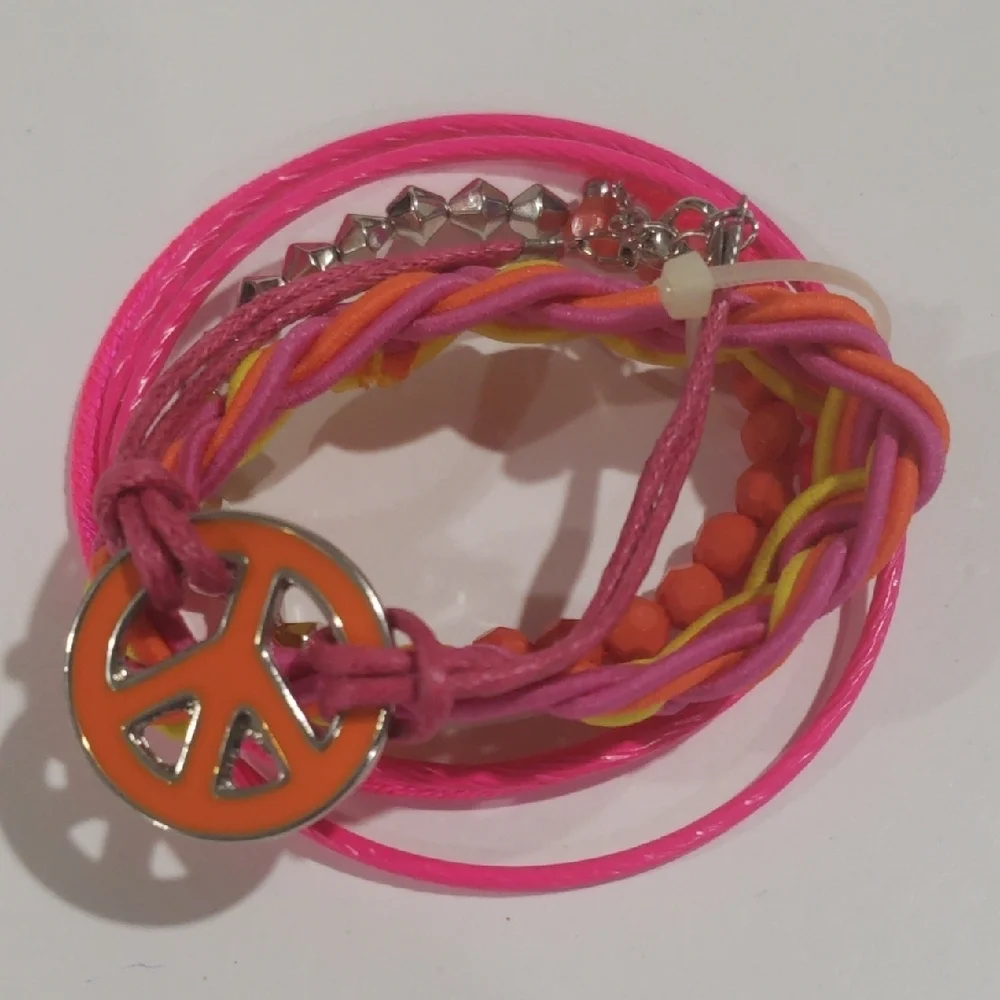 Set of 6 Colorful Mix Bangle & Stretch Bracelets with a Vibrant Peace Sign